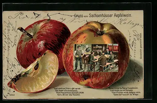 Passepartout-Lithographie Frankfurt-Sachsenhausen, Aepfelwein-Trinker im Gasthaus, Ansicht auf Apfel