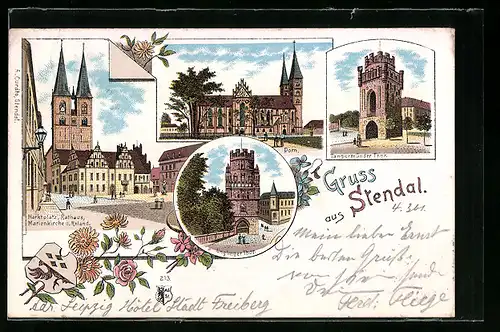 Lithographie Stendal, Dom, Tangermünder Thor, Marktplatz mit Rathaus