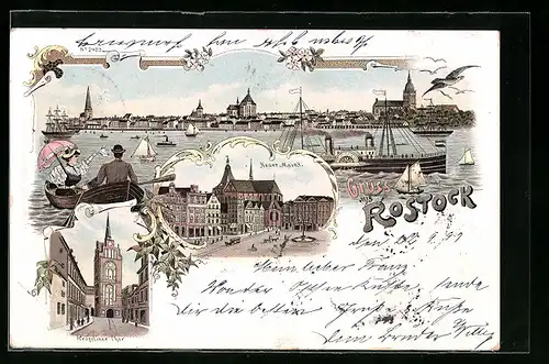 Lithographie Rostock, Flusspartie mit Dampfschiff, Kröpeliner Tor, Neuer Markt