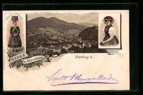 Lithographie Hornberg, Gesamtansicht aus der Vogelschau, Volkstrachten St. Georgen und Gutach