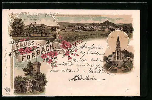 Lithographie Forbach, Kreuzkapelle mit Villa Kreuzberg, Kath. Kirche, Ortsansicht