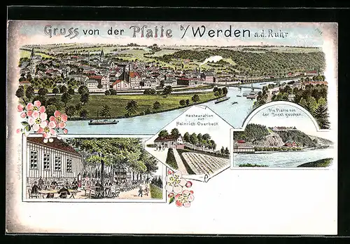 Lithographie Werden /Ruhr, Gasthaus Platte H. Overbeck mit Garten, Gesamtansicht mit Platte