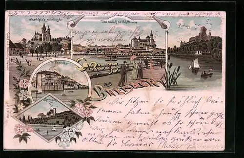 Lithographie Breisach, Marktplatz mit Münster, Rheintor, Totalansicht mit Schiffbrücke