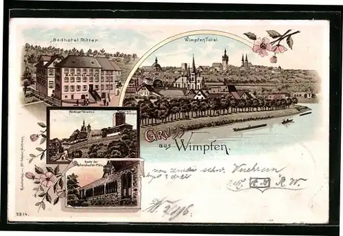 Lithographie Wimpfen, Badhotel Ritter, Ortspartie, Ortspartie mit Nürnberger Türmchen, Totalansicht
