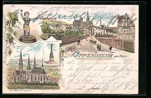 Lithographie Oppenheim /Rh., Ortsansicht von der Dienheimer Chaussee aus, Katharinen-Kirche