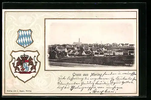 Präge-AK Mering, Ortsansicht aus der Vogelschau, Wappen