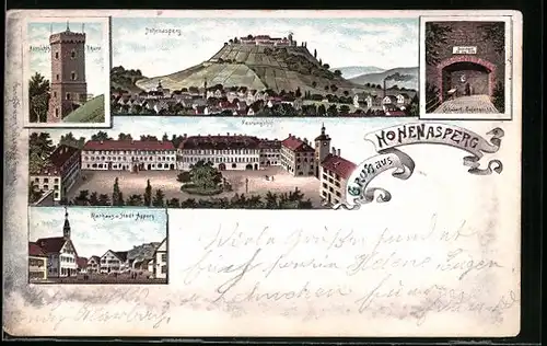 Lithographie Hohenasperg, Ortsansicht, Festungshof, Rathaus und Haus Stadt Asperg