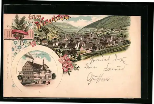 Lithographie Wiesensteig, Gasthof zum Lamm C. Ege, Gesamtansicht aus der Vogelschau