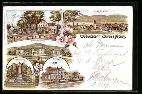 Lithographie Springe, Meyers Hotel, Totalansicht, Kaiserl. Jagdschloss, Bahnhof