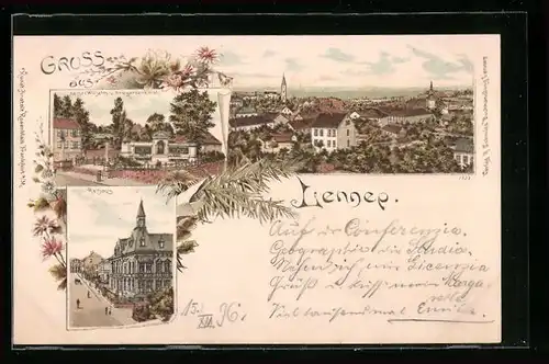 Lithographie Lennep, Rathaus, Kaiser Wilhelm und Kriegerdenkmal