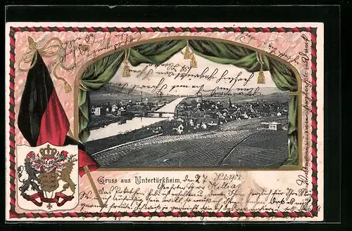 Passepartout-Lithographie Untertürkheim, Totalansicht, Fahne und Wappen