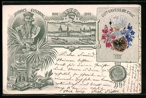 Lithographie Mainz, Totalansicht von Castel aus, Johannes Gutenberg, Buchdruck