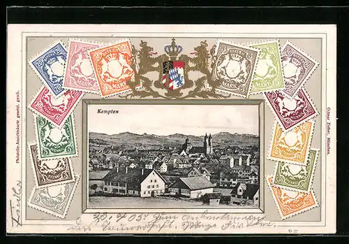 Präge-AK Kempten, Totalansicht des Ortes, Briefmarken, Wappen