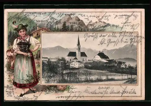 Passepartout-Lithographie Rohrdorf, Teilansicht mit Kirche, Bauernmädchen in Tracht