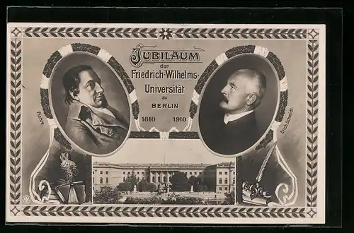 AK Berlin, Jubiläum Friedrich Wilhelm Universtität 1810-1910, Eule, Porträt Fichte und Erich Schmidt