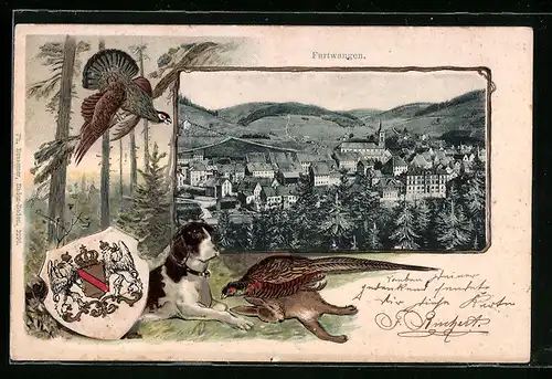 Passepartout-Lithographie Furtwangen, Panorama, Jagdhund