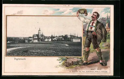 Passepartout-Lithographie Vogtareuth, Panorama, Herr in Tracht