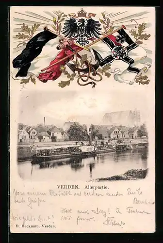 Passepartout-Lithographie Verden, Allerpartie, Reichswappen mit Fahnen
