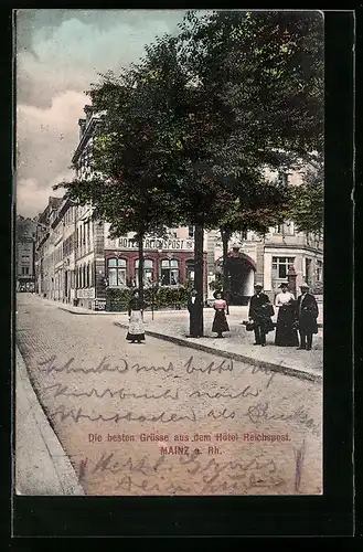 AK Mainz a. Rh., Ortspartie mit Blick auf das Hotel Reichspost