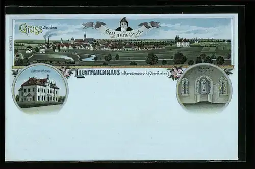 Lithographie Herzogenaurach / Oberfranken, Ortsansicht, Kapelle, Liebfrauenhaus