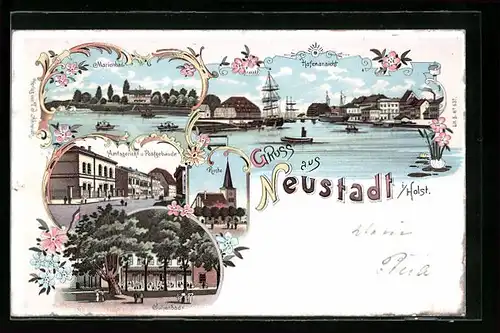 Lithographie Neustadt i. Holst., Marienbad, Julienbad, Kirche