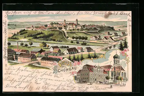 Lithographie Schongau, Gasthof zur alten Post und Kirche, Panorama