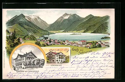 Lithographie Schliersee, Gasthof zur Seerose, Panorama