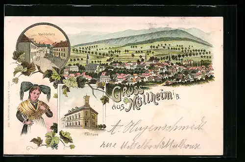 Lithographie Müllheim, Ortsansicht und Blick auf Marktplatz und Rathaus