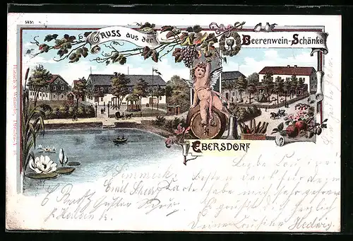 Lithographie Ebersdorf, Gasthaus Beerenwein-Schänke, Ortspartie mit Brunnen