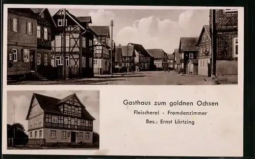 AK Streufdorf /Kreis Hildburghausen, Gasthaus zum goldenen Ochsen, Strassenpartie mit Fachwerkhäusern