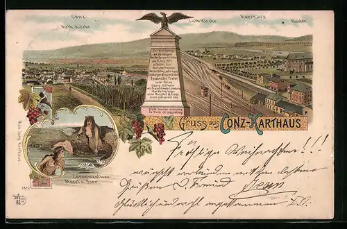 Lithographie Konz-Karthaus, Bahnhof, Weinberge, Nixe