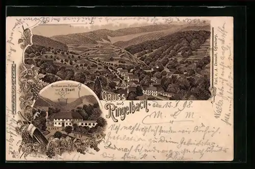 Lithographie Ringelbach, Gasthaus zum Salmen, Blick auf das Dorf und ins Land