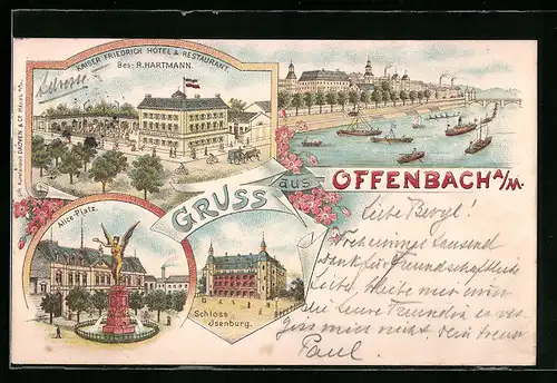 Lithographie Offenbach, Kaiser Friedrich Hotel R. Hartmann, Alice-Platz, Schlosss Isenberg