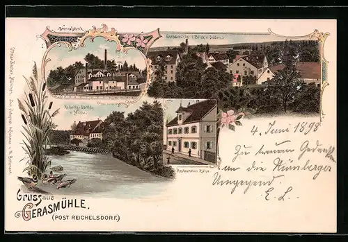 Lithographie Gerasmühle bei Reichelsdorf, Gasthaus Zähe, Bronzefabrik, Teilansicht