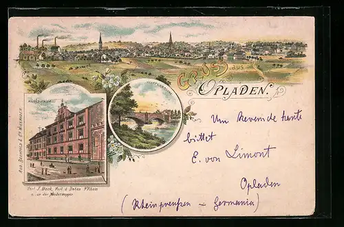 Lithographie Opladen, Aloysianum, Gesamtansicht, Wupperbrücke