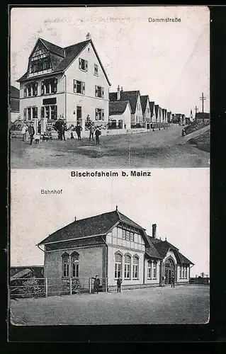 AK Bischofsheim / Hessen, Bahnhof, Häuser an der Dammstrasse