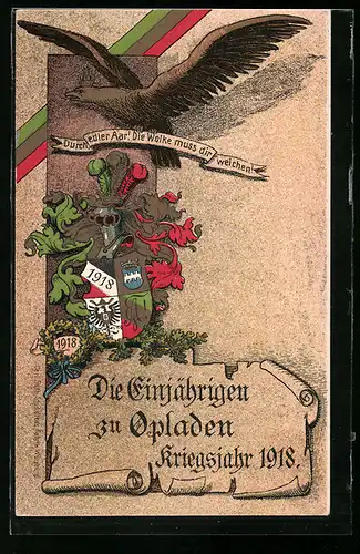 Künstler-AK Opladen, Die Einjährigen zu Opladen, Kriegsjahr 1918, Absolvia, Wappen