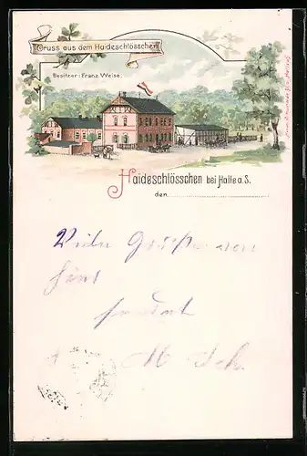 Lithographie Halle /Saale, Gasthaus Haideschlösschen