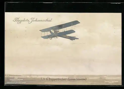 Foto-AK Sanke Nr. 268: Berlin-Johannisthal, L. V. G. Doppeldecker, System Schneider, Flughafen, Flugplatz