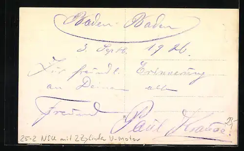 Foto-AK Motorrad, NSU mit 2 Zylinder U-Motor