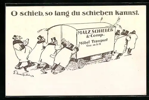 AK Jude lässt Männer den Wagen der Möbeltransport GmbH Malz, Schieber & Comp. schieben