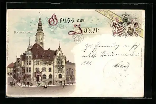 Lithographie Jauer, Rathaus, Wappen