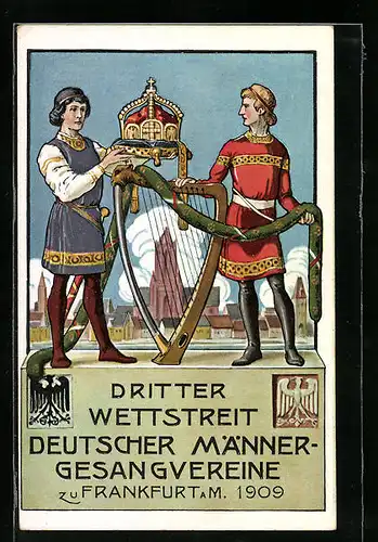 Künstler-AK Frankfurt a. M., Dritter Wettstreit Deutscher Männer-Gesangverine 1909, Barden mit Harfe und Krone