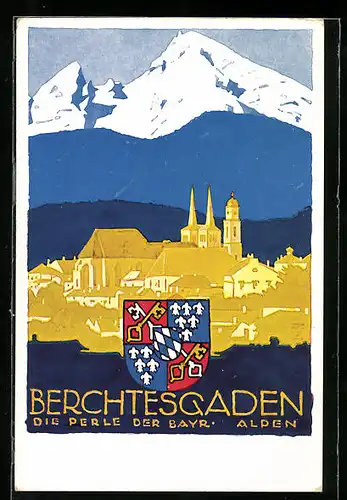 Künstler-AK Ludwig Hohlwein: Berchtesgaden, Blick zum Ort, Wappen