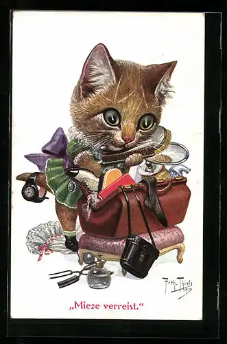 Künstler-AK Arthur Thiele: Katzenmädchen wühlt in seiner Handtasche