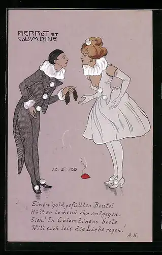 AK Pierrot mit Dame und gefallenem Herz, Harlekin