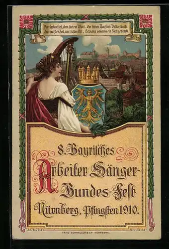 Künstler-AK Nürnberg, 8. Bayrisches Arbeiter-Sänger-Bundes-Fest 1910, Harfistin blickt zur Burg