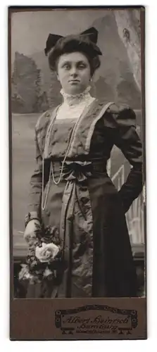 Fotografie Albert Heinrich, Hamburg, Wandsb. Chaussee 195, Bürgerliche junge Frau im edlen Kleid mit Schleife