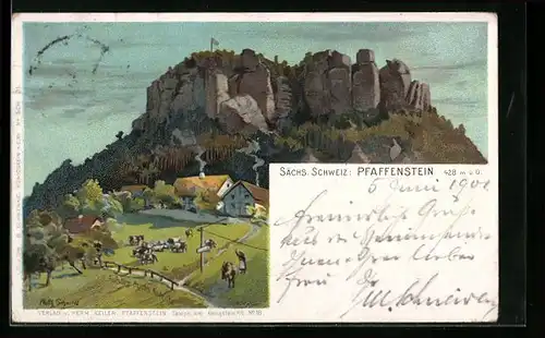 Lithographie Pfaffenstein, Aufstieg durch`s Nadelöhr