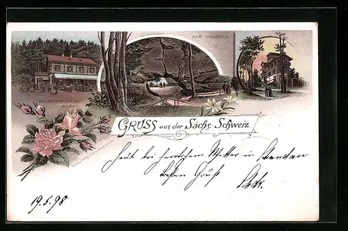 Lithographie Gr. Winterberg /Sächs.-Schweiz, Gasthaus auf dem Gr. Winterberg, Restaurant auf dem Kuhstall, Der Kuhstall